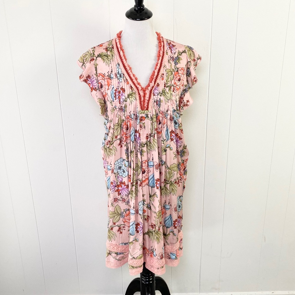 Tolani NWT Size S Elma Salmon Pink Floral Pleated Silk Blend Boho Dress
